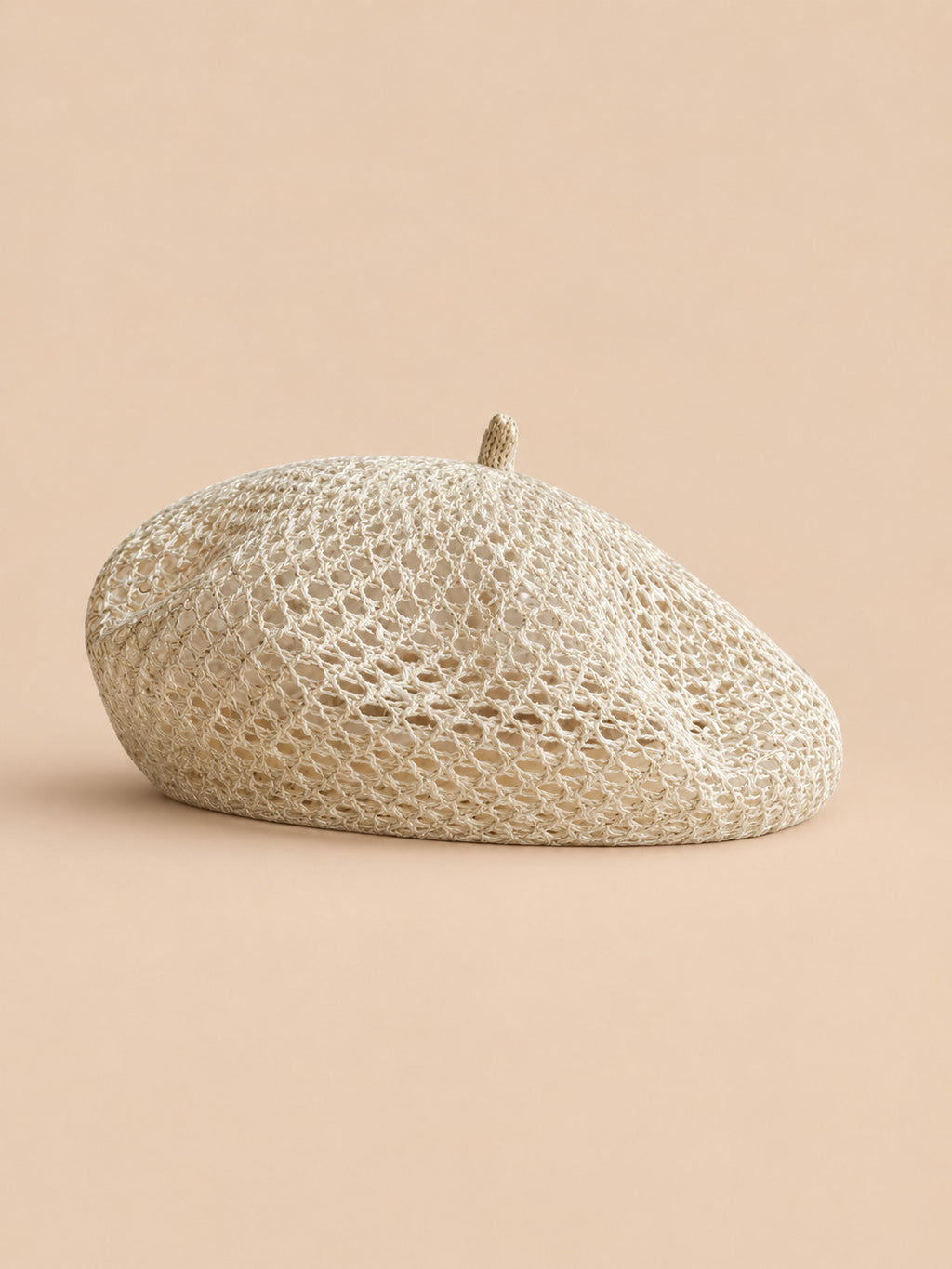 Basco da donna a forma di zucca, traforato in filato brillante, colore beige, vista frontale