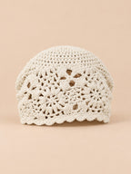 Basco estivo da donna lavorato a maglia traforata con fiori, colore beige, vista frontale