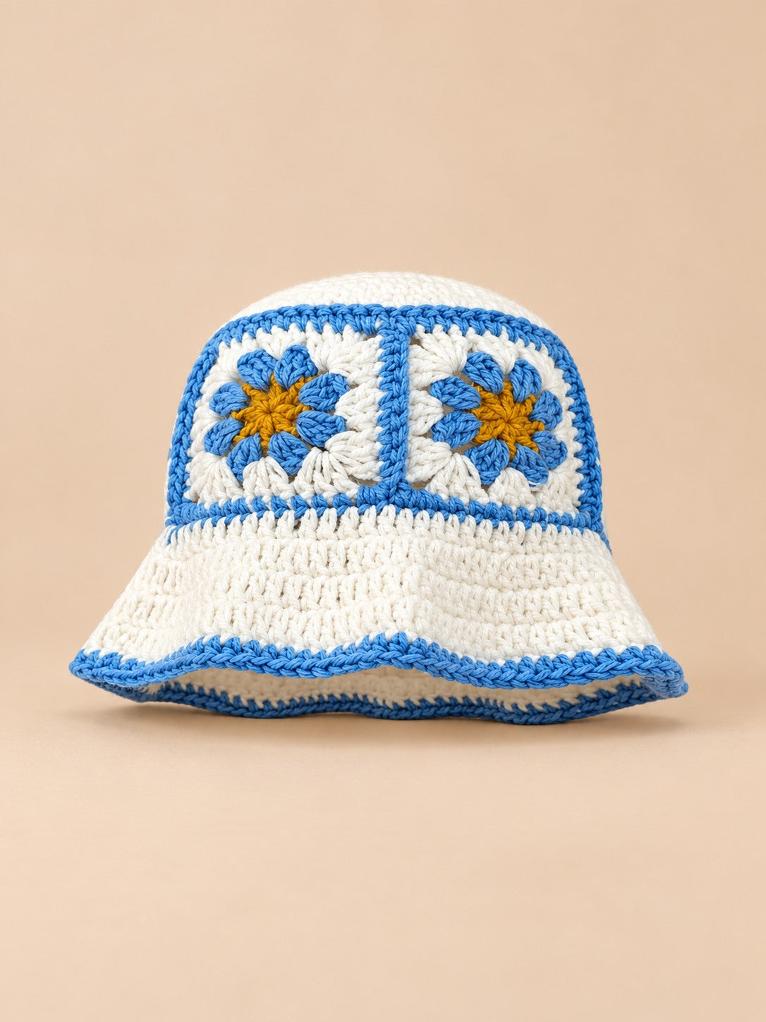 Cappello da pescatore da donna all’uncinetto con fiori, stile coreano, modello 1, vista frontale