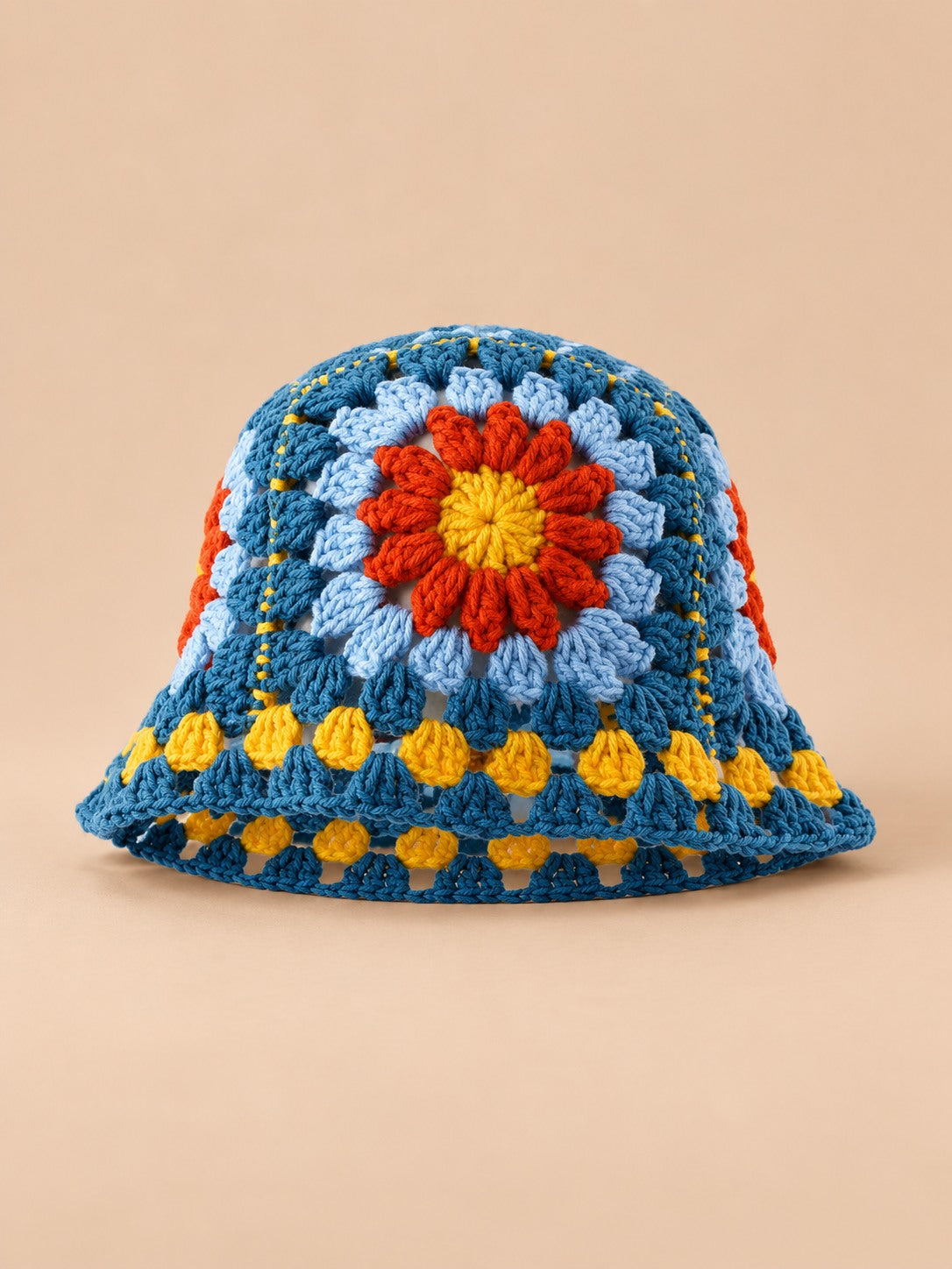 Cappello da pescatore da donna all’uncinetto con fiori, stile coreano, modello 15, vista frontale