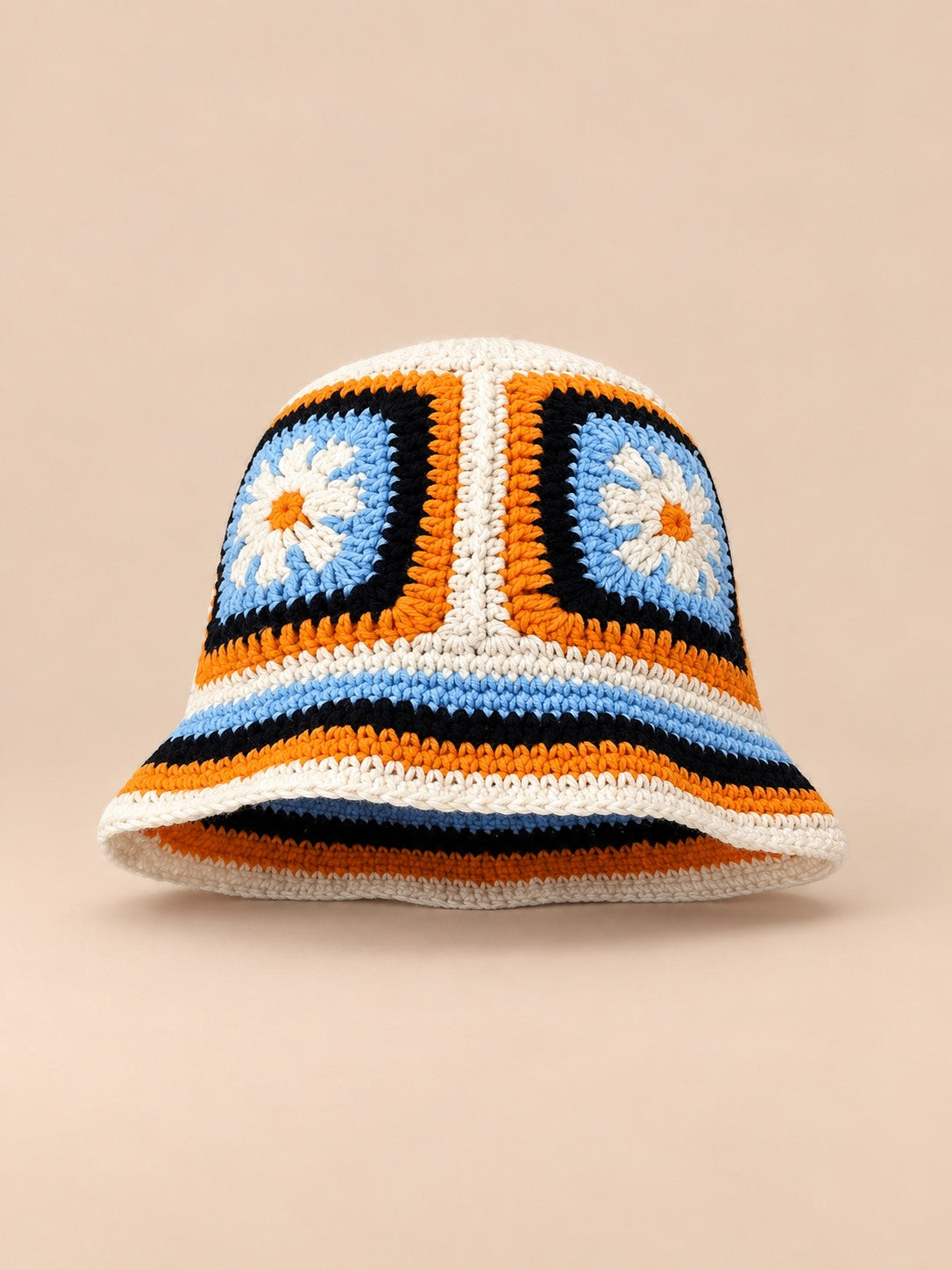 Cappello da pescatore da donna all’uncinetto con fiori, stile coreano, modello 16, vista frontale