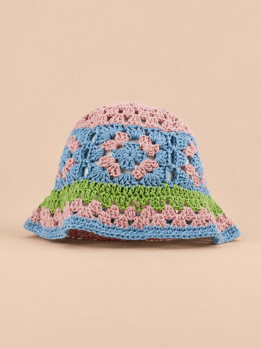 Cappello da pescatore da donna all’uncinetto con fiori, stile coreano, modello 18, vista frontale