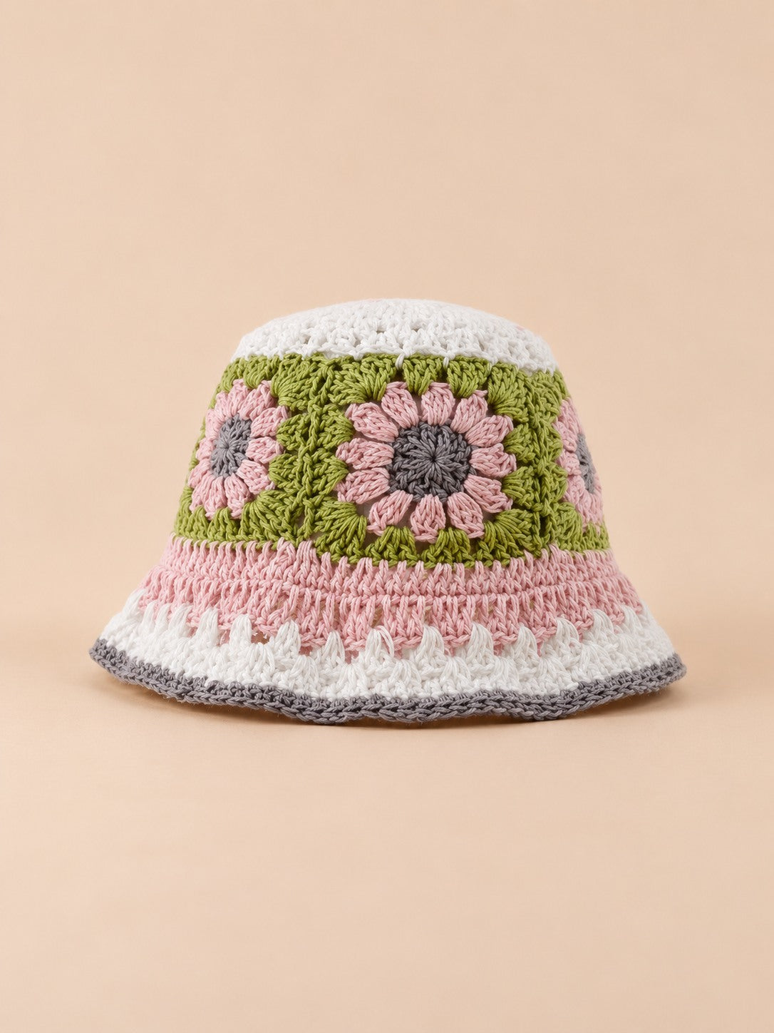 Cappello da pescatore da donna all’uncinetto con fiori, stile coreano, modello 19, vista frontale
