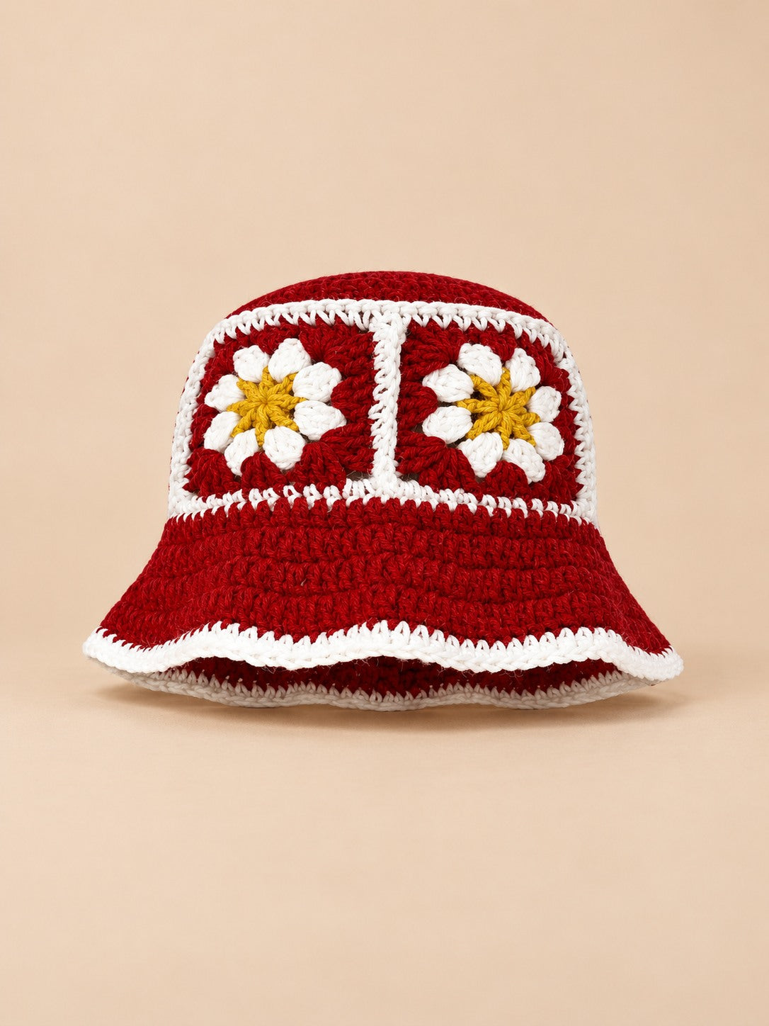 Cappello da pescatore da donna all’uncinetto con fiori, stile coreano, modello 2, vista frontale