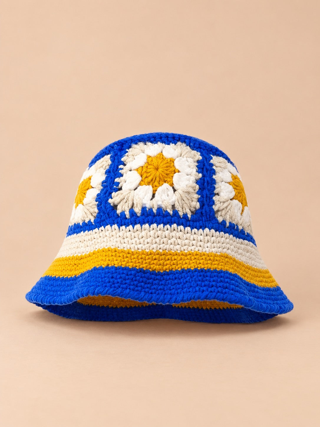 Cappello da pescatore da donna all’uncinetto con fiori, stile coreano, modello 21, vista frontale