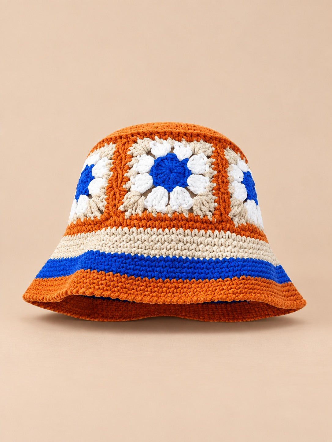 Cappello da pescatore da donna all’uncinetto con fiori, stile coreano, modello 23, vista frontale