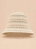 Cappello da pescatore da donna all’uncinetto traforato a tesa larga, colore beige, vista frontale
