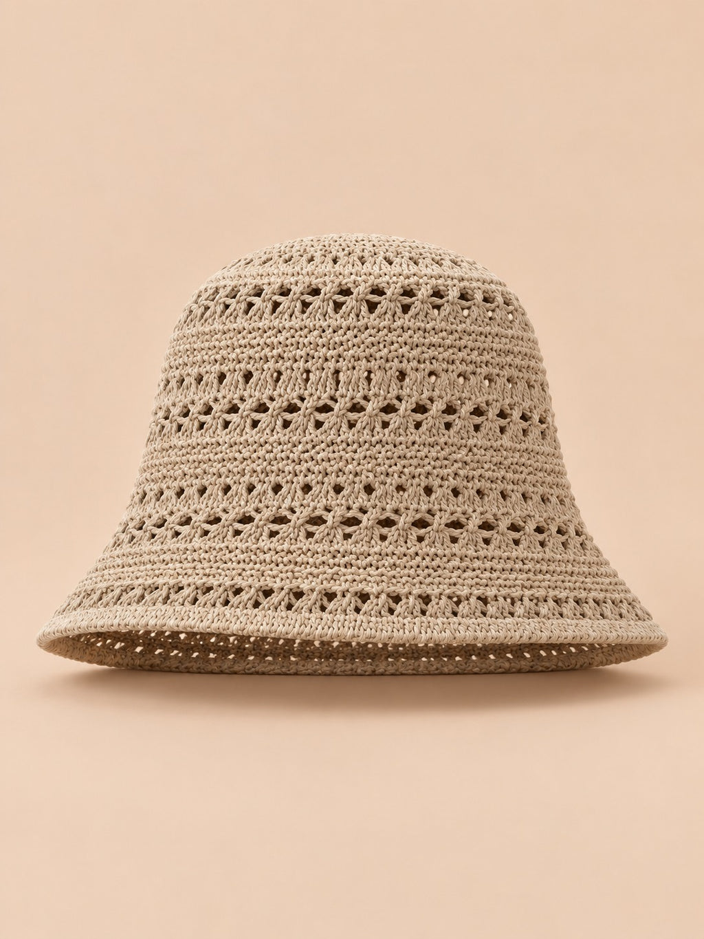 Cappello da pescatore da donna all’uncinetto traforato a tesa larga, colore kaki, vista frontale