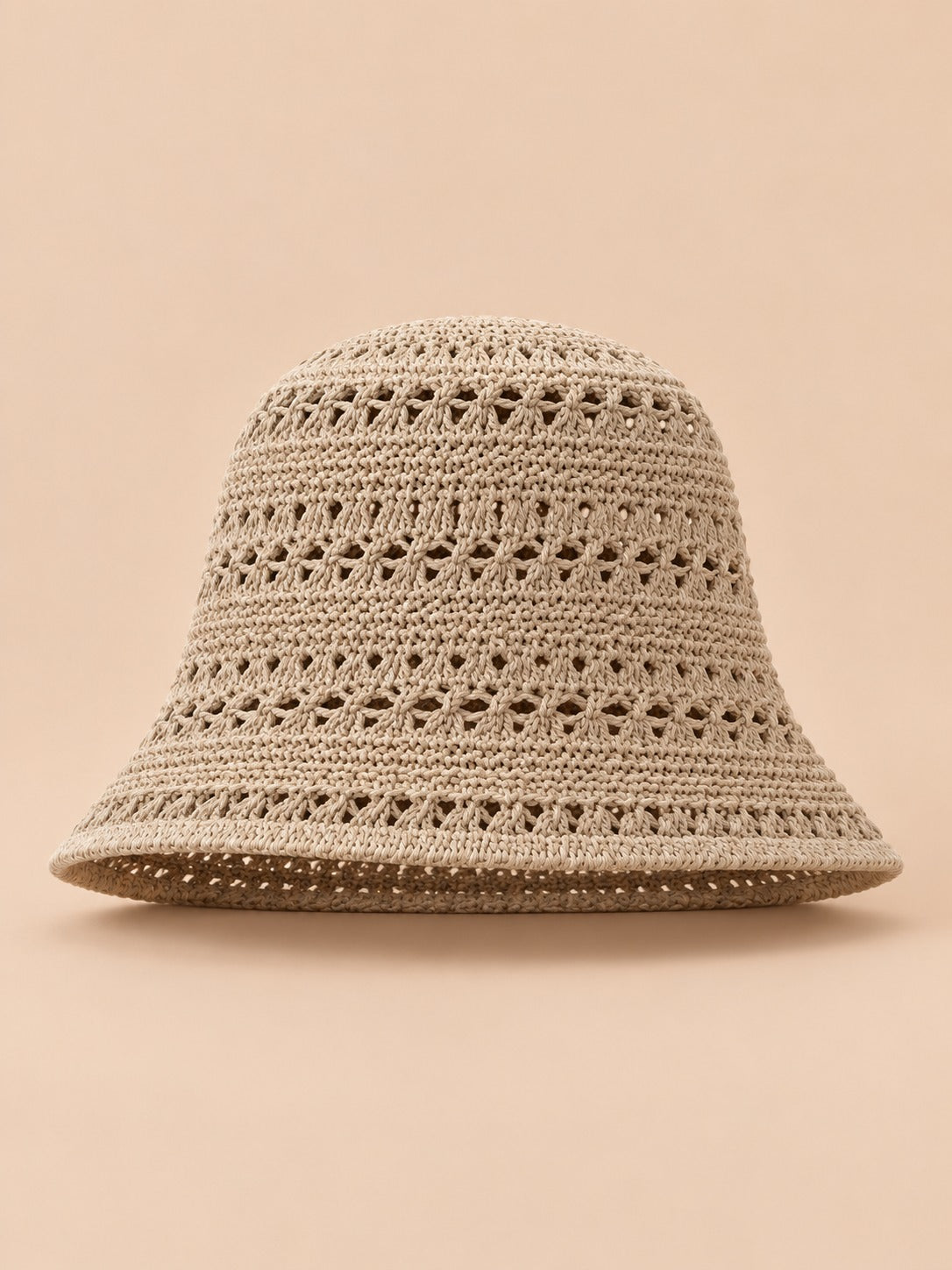 Cappello da pescatore da donna all’uncinetto traforato a tesa larga, colore kaki, vista frontale