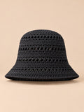 Cappello da pescatore da donna all’uncinetto traforato a tesa larga, colore nero, vista frontale
