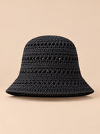 Cappello da pescatore da donna all’uncinetto traforato a tesa larga, colore nero, vista frontale