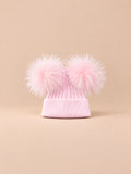 Berretto in misto cashmere con due pompon in pelliccia di procione, pompon abbinati, colore rosa, vista frontale