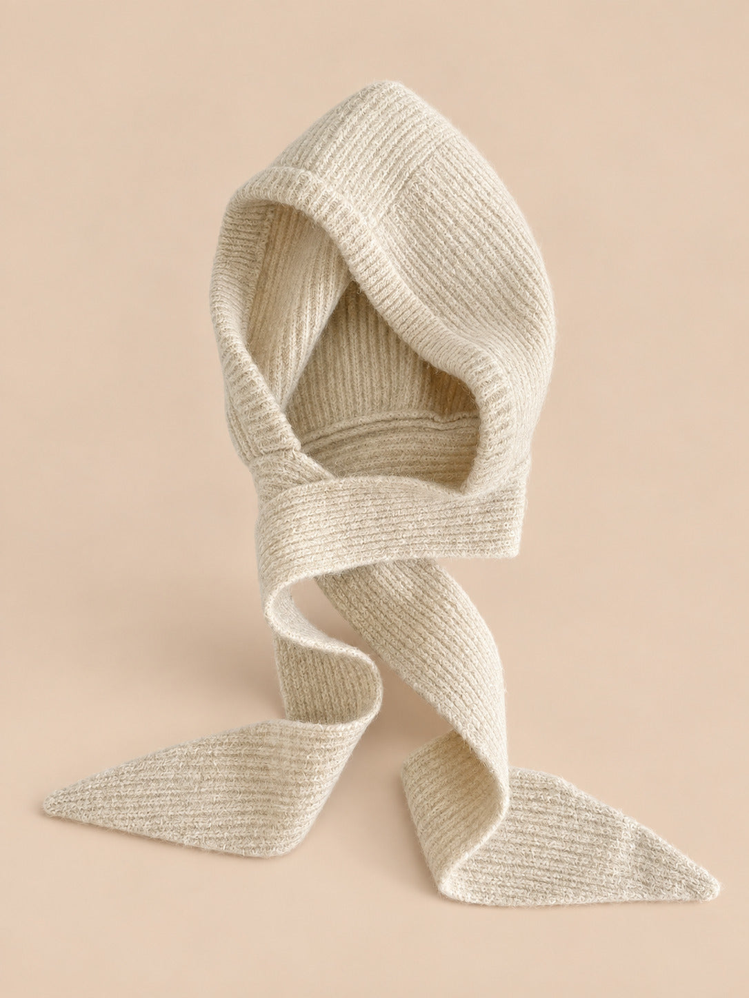Passamontagna con sciarpa integrata, stile coreano, colore beige, vista frontale
