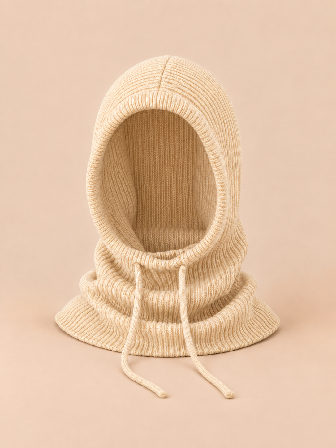 Passamontagna a cappuccio in pura lana con scaldacollo, colore beige, vista frontale
