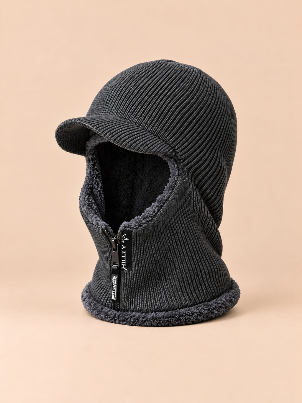 Passamontagna da uomo con zip e fodera in pile, colore grigio scuro, vista di tre quarti