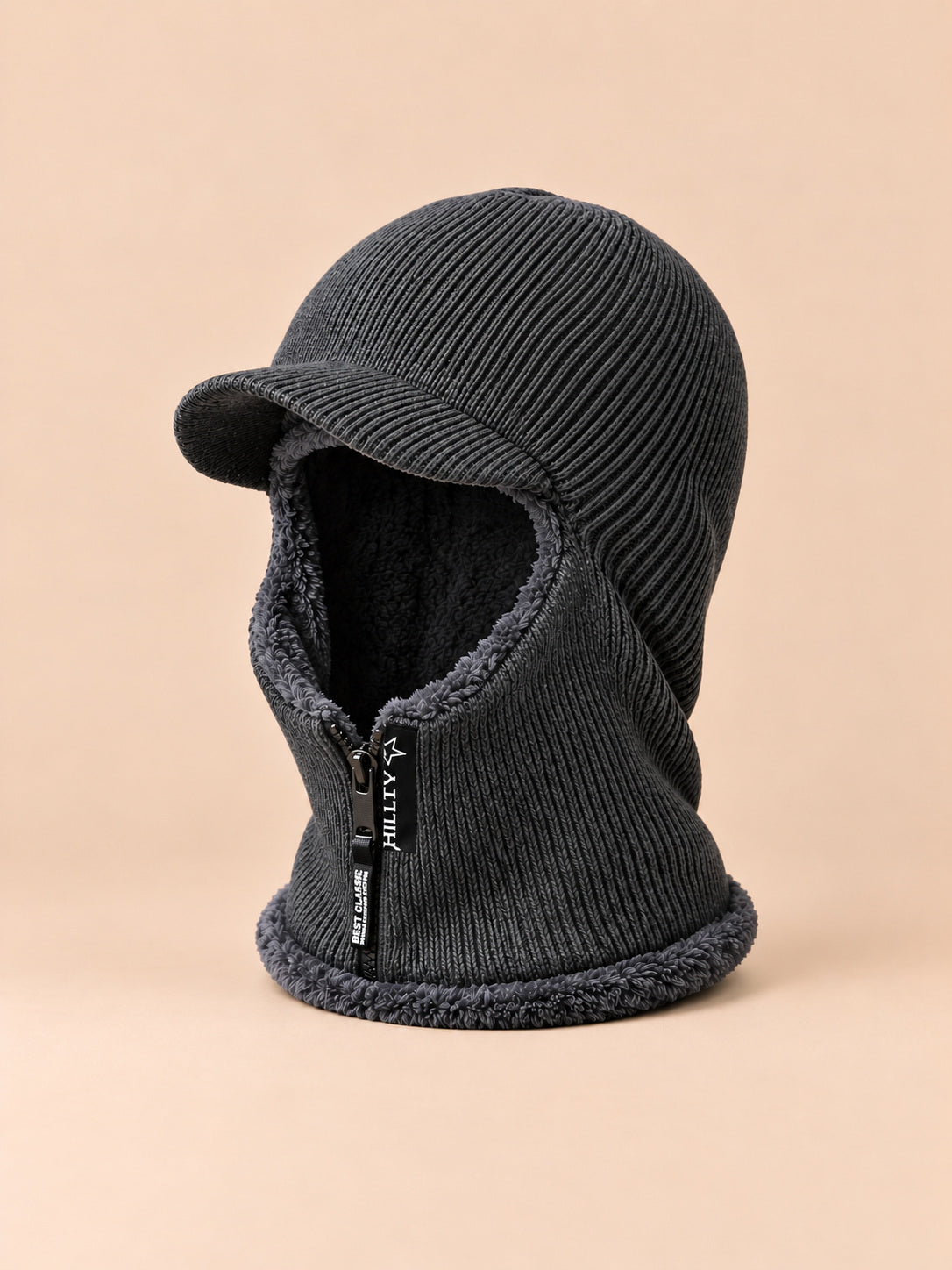 Passamontagna da uomo con zip e fodera in pile, colore grigio scuro, vista di tre quarti
