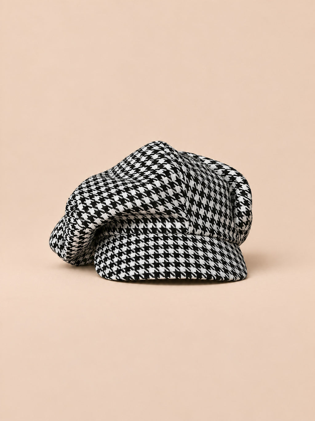 Cappello gavroche vintage in cotone con motivo pied-de-poule multicolore, fotografato di fronte