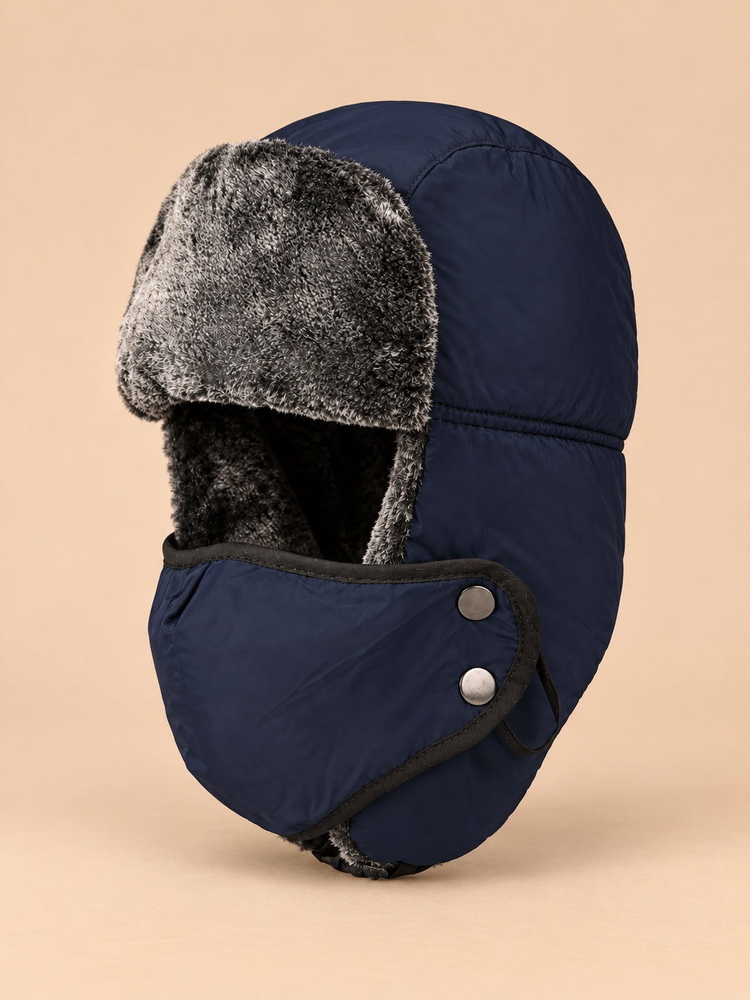 Colbacco da aviatore con maschera antivento per l’inverno, colore blu, vista di tre quarti