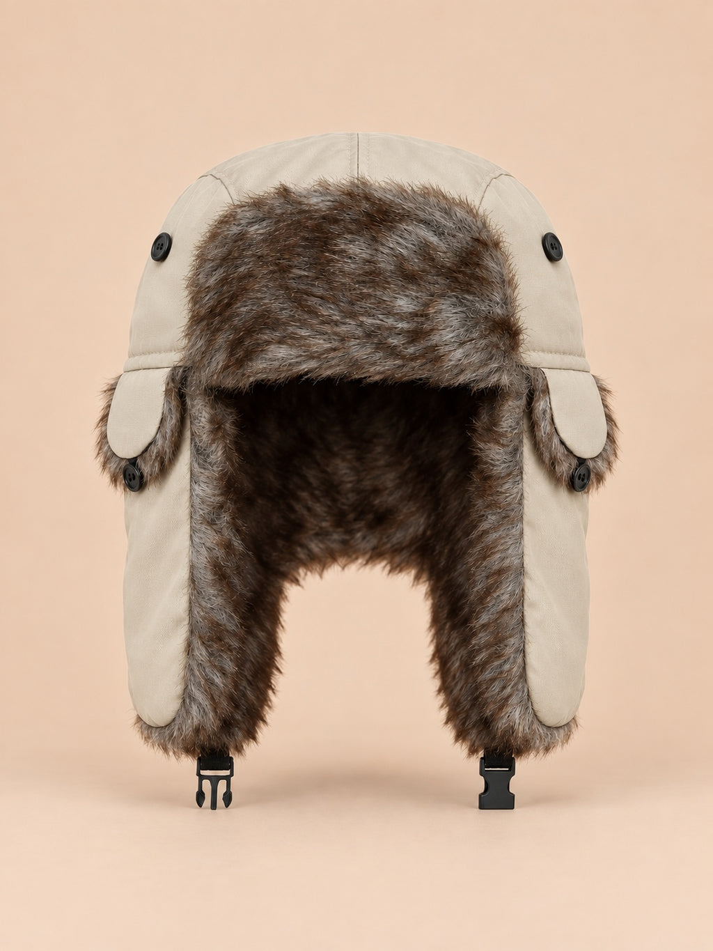 Colbacco da trapper da uomo con fodera in pelliccia sintetica, colore beige, vista frontale