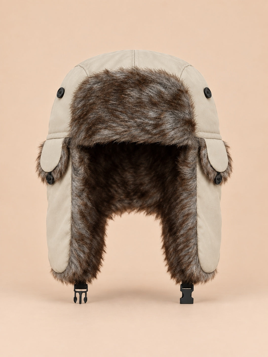 Colbacco da trapper da uomo con fodera in pelliccia sintetica, colore beige, vista frontale