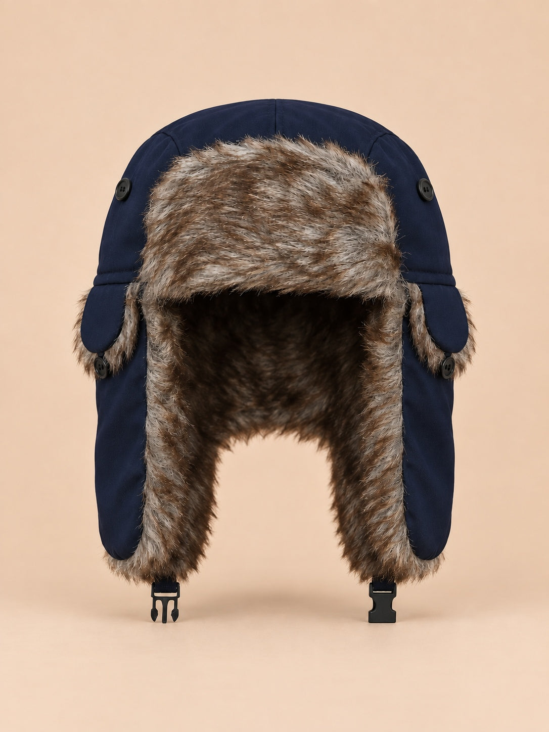 Colbacco da trapper da uomo con fodera in pelliccia sintetica, colore blu navy, vista frontale