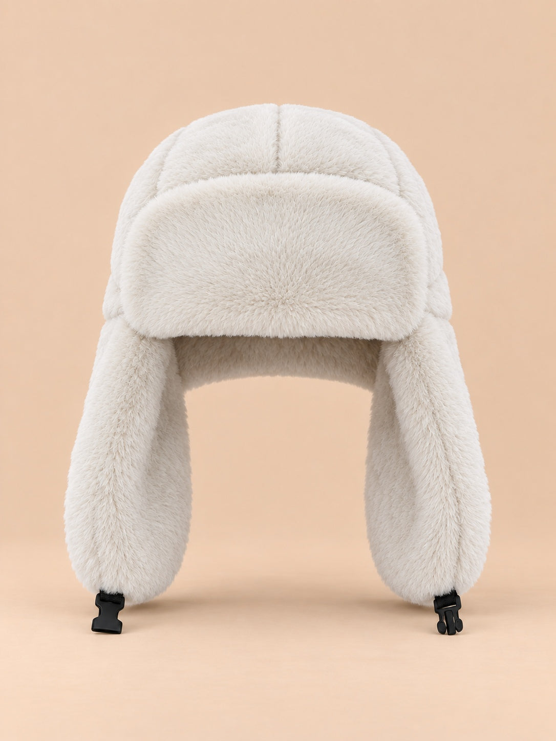 Colbacco da trapper da donna in pelliccia sintetica con cordino, colore bianco, vista frontale