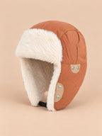 Colbacco in velluto a coste di cotone spesso con paraorecchie, colore terracotta, vista di tre quarti
