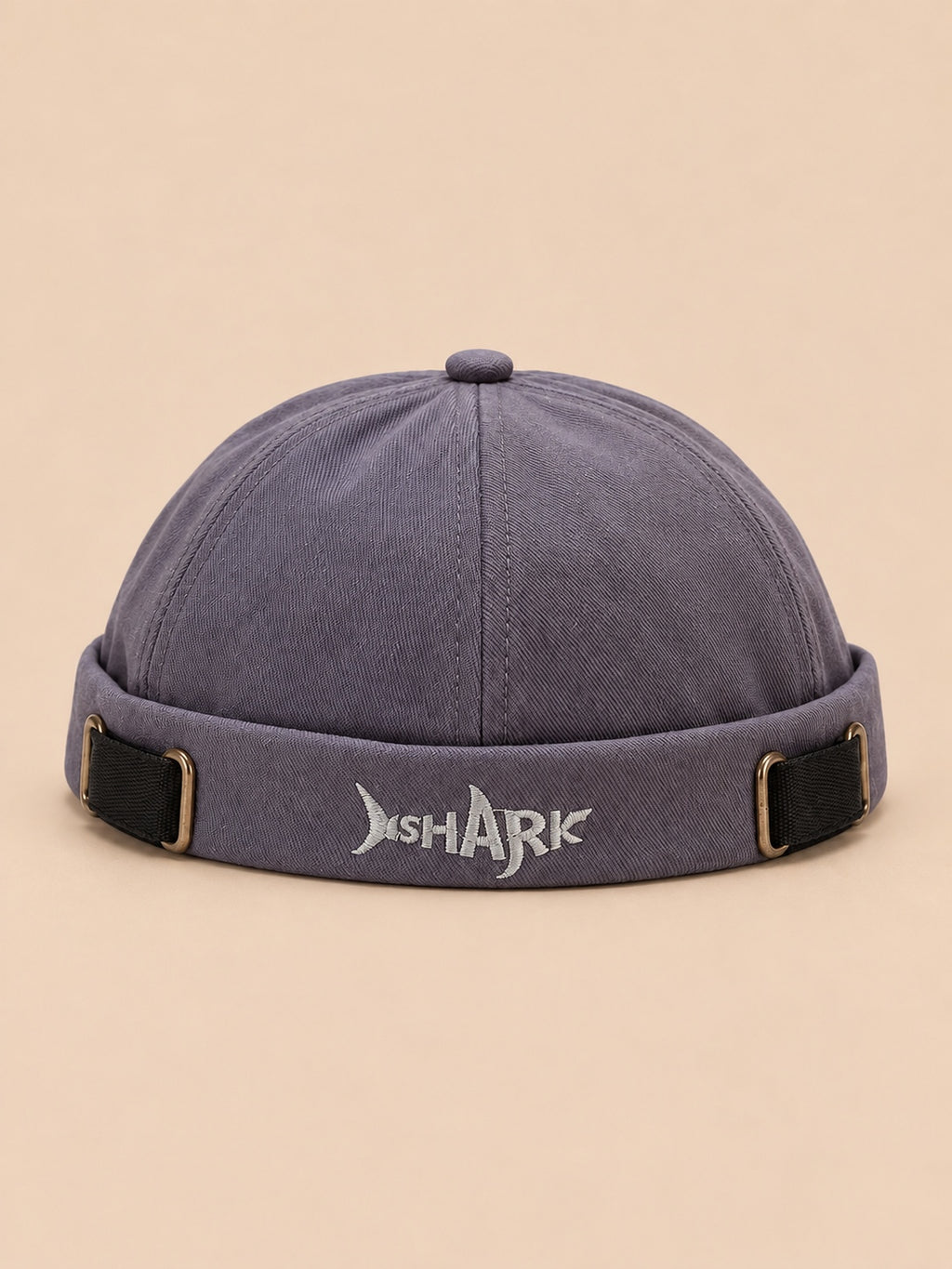Berretto docker Bocca regolabile in cotone con squalo ricamato, colori blu e grigio, vista frontale