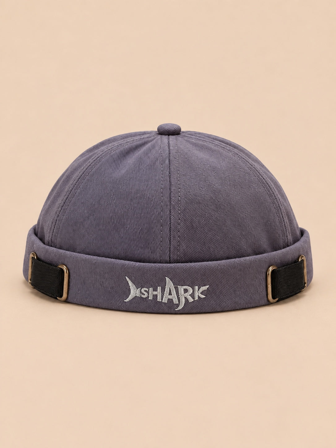 Berretto docker Bocca regolabile in cotone con squalo ricamato, colori blu e grigio, vista frontale