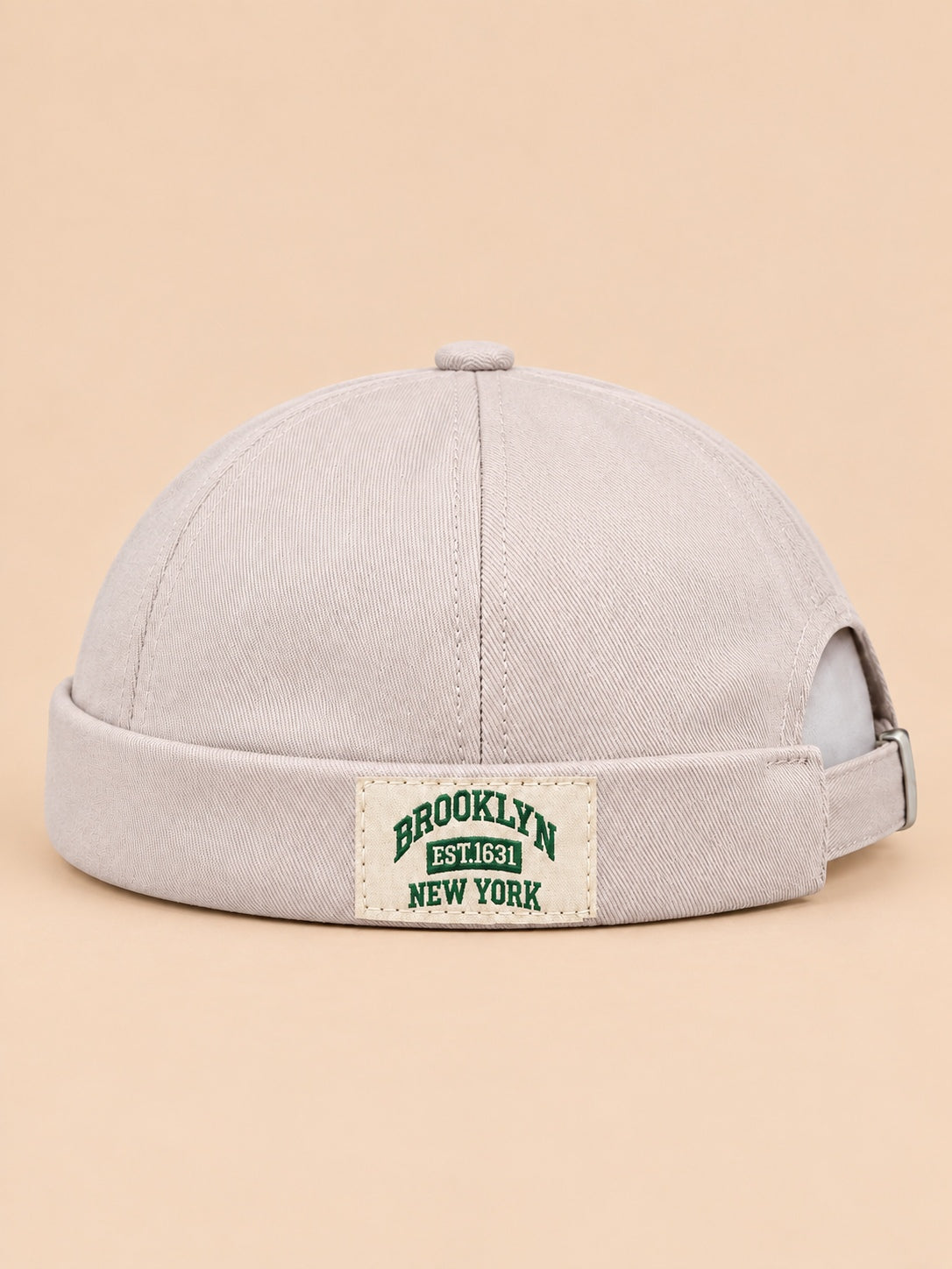 Berretto docker BROOKLYN1631 vintage con etichetta tessuta, colore beige, vista frontale