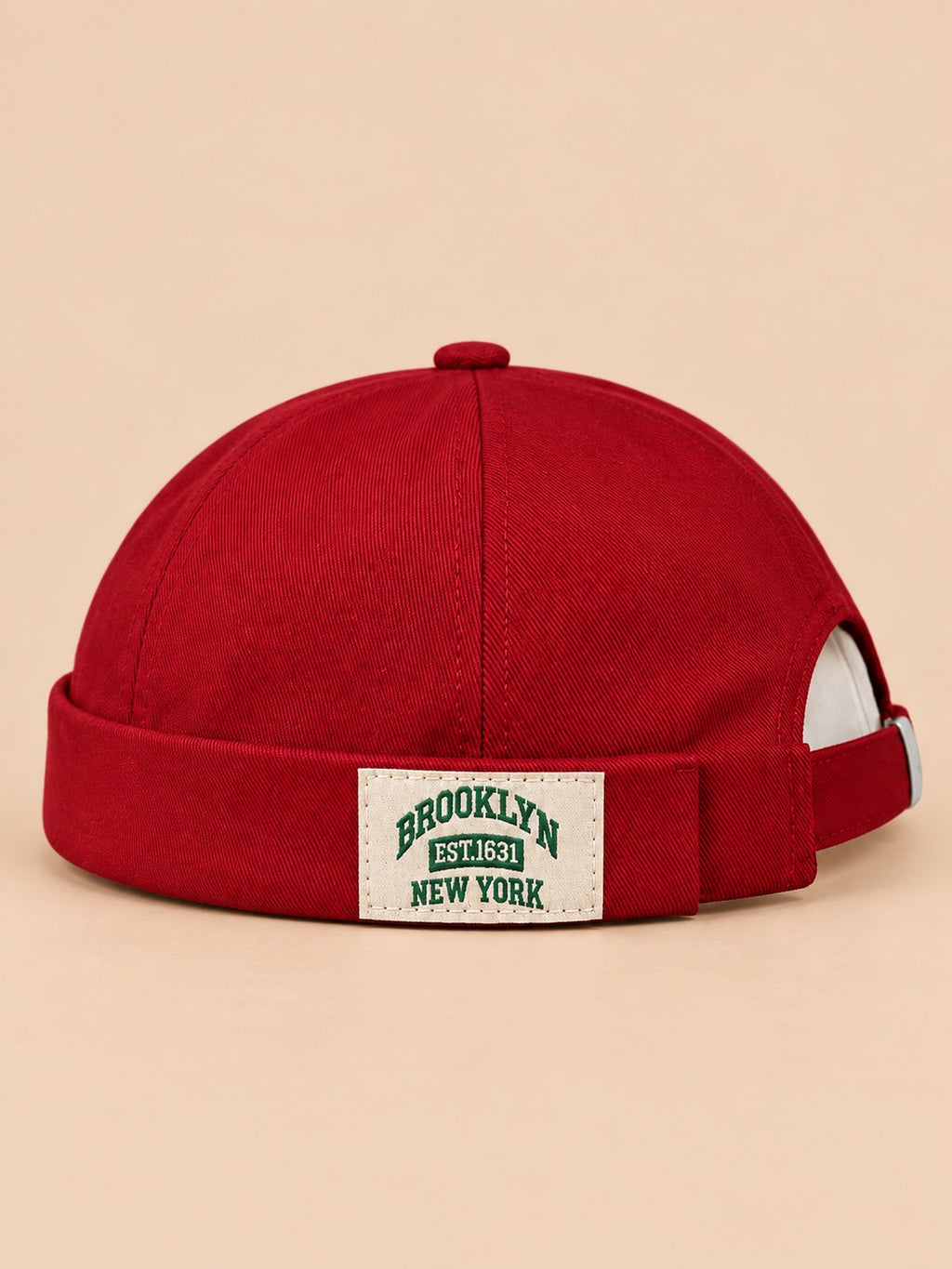 Berretto docker BROOKLYN1631 vintage con etichetta tessuta, colore rosso, vista frontale
