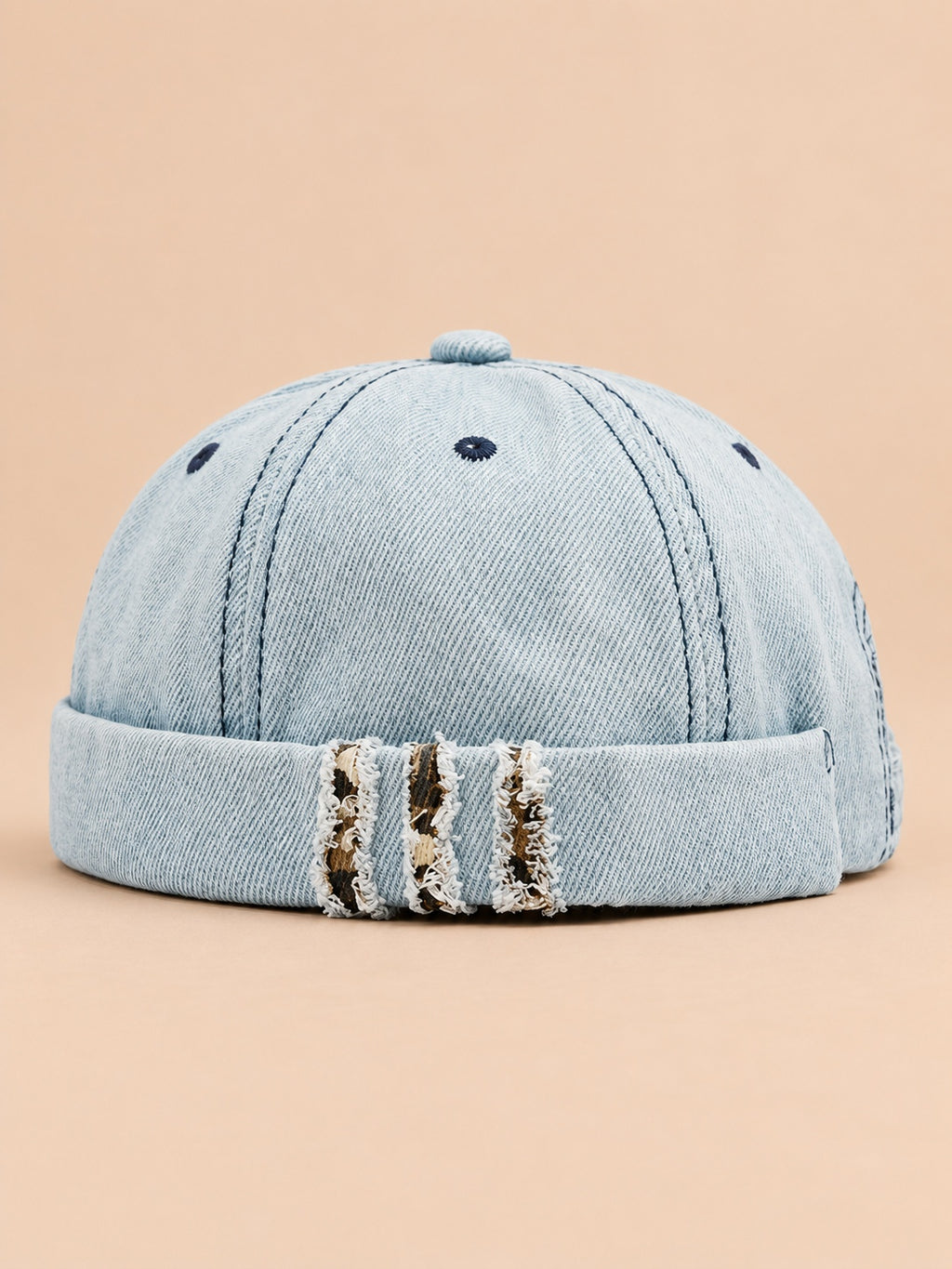 Berretto docker Bocca in denim patchwork leopardato, colore azzurro, vista frontale