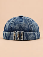 Berretto docker Bocca in denim patchwork leopardato, colore blu navy, vista frontale