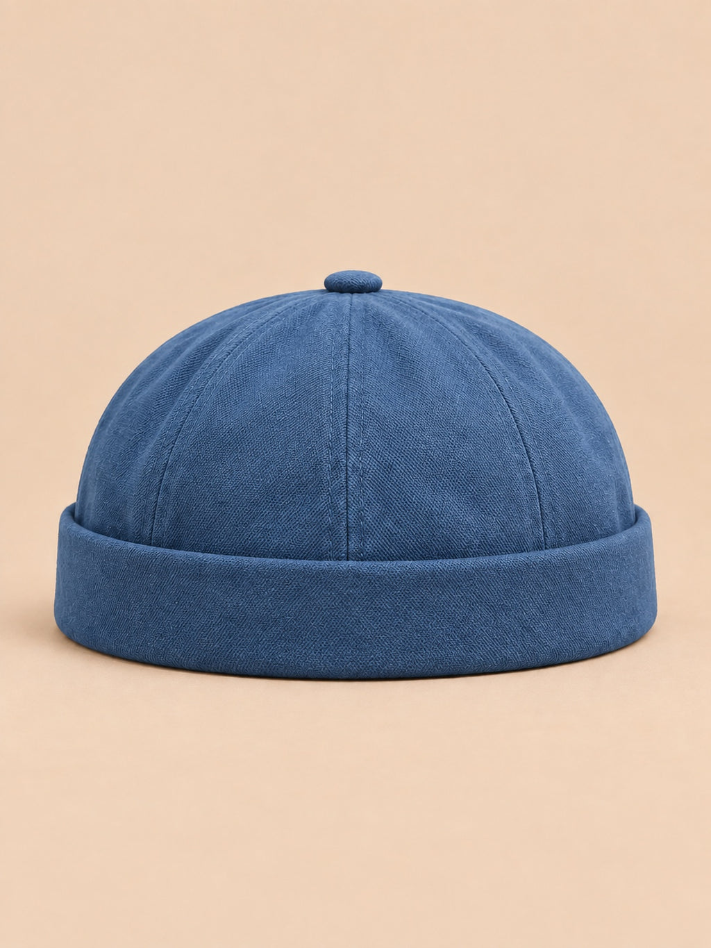 Berretto docker in denim con risvolto, stile operaio, colore blu, vista frontale
