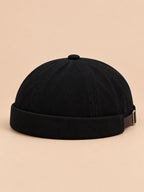 Berretto docker in denim con risvolto, stile operaio, colore nero, vista di tre quarti