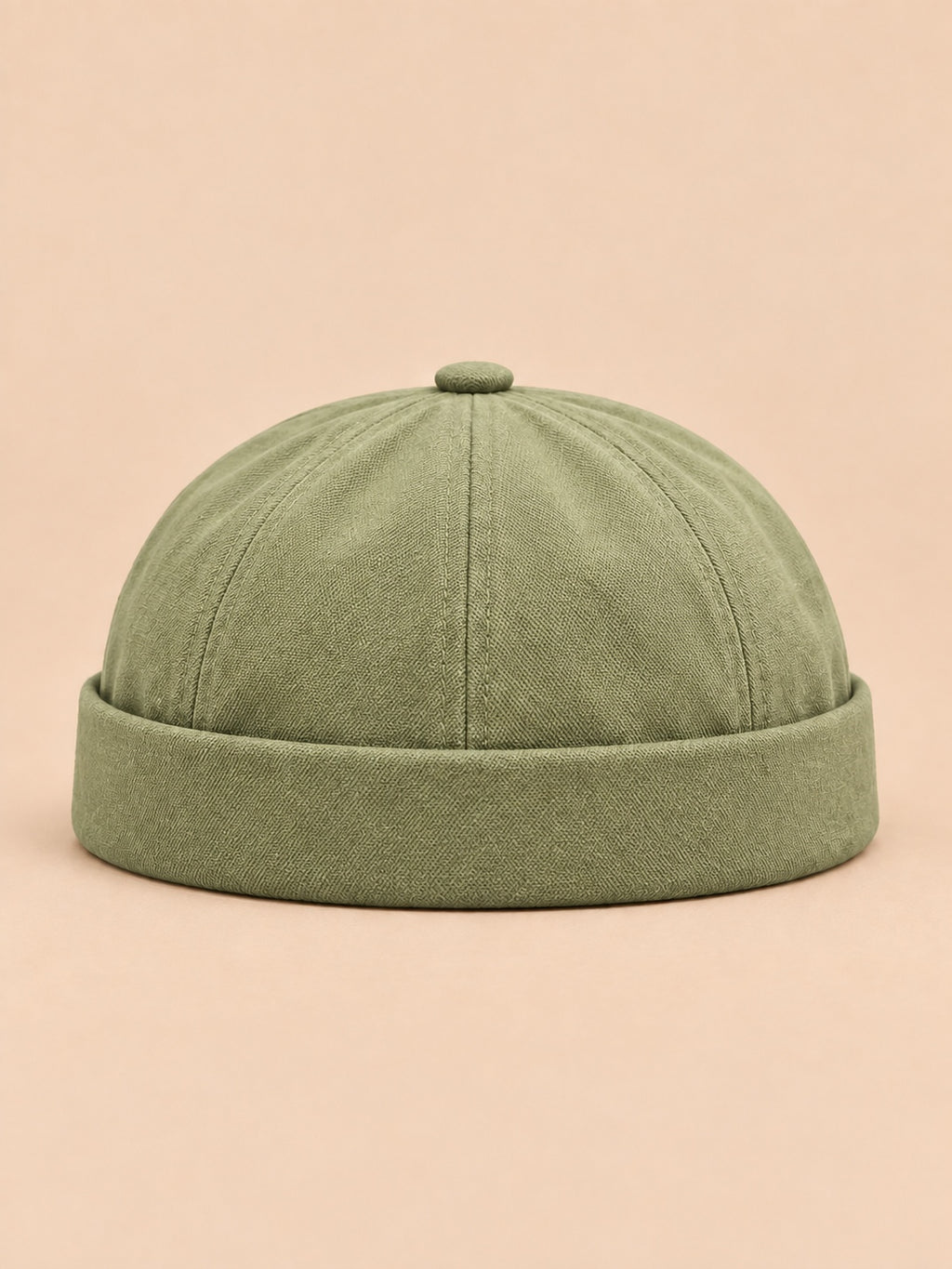 Berretto docker in denim con risvolto, stile operaio, colore verde militare, vista frontale