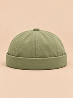 Berretto docker in denim con risvolto, stile operaio, colore verde militare, vista frontale