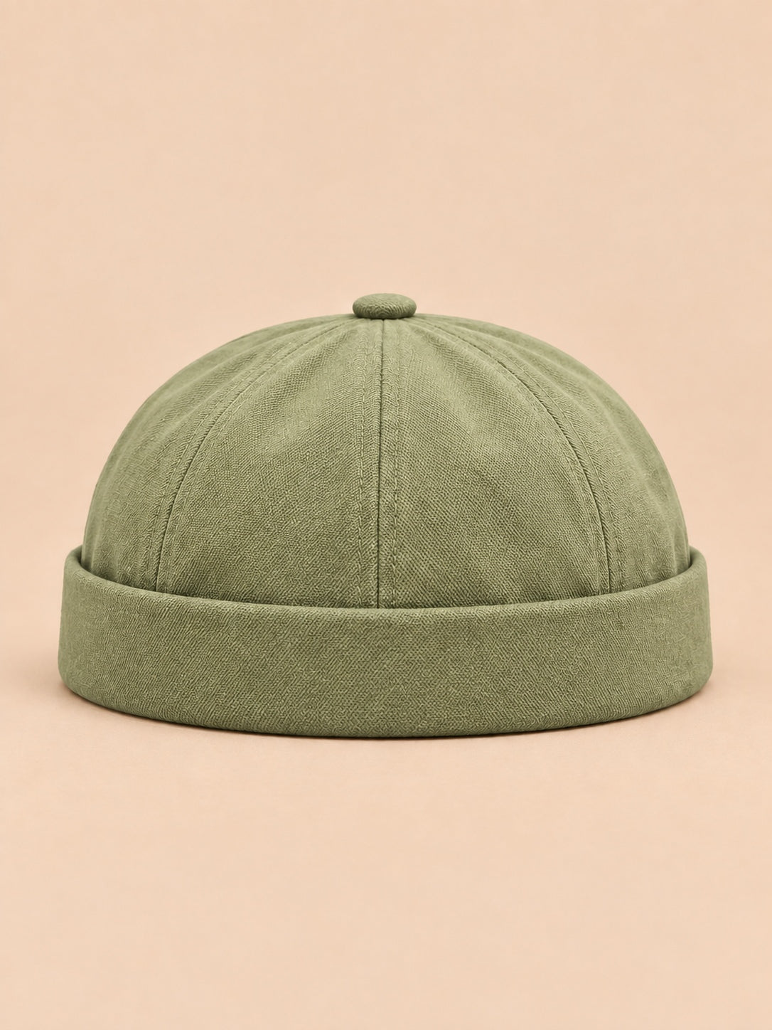 Berretto docker in denim con risvolto, stile operaio, colore verde militare, vista frontale