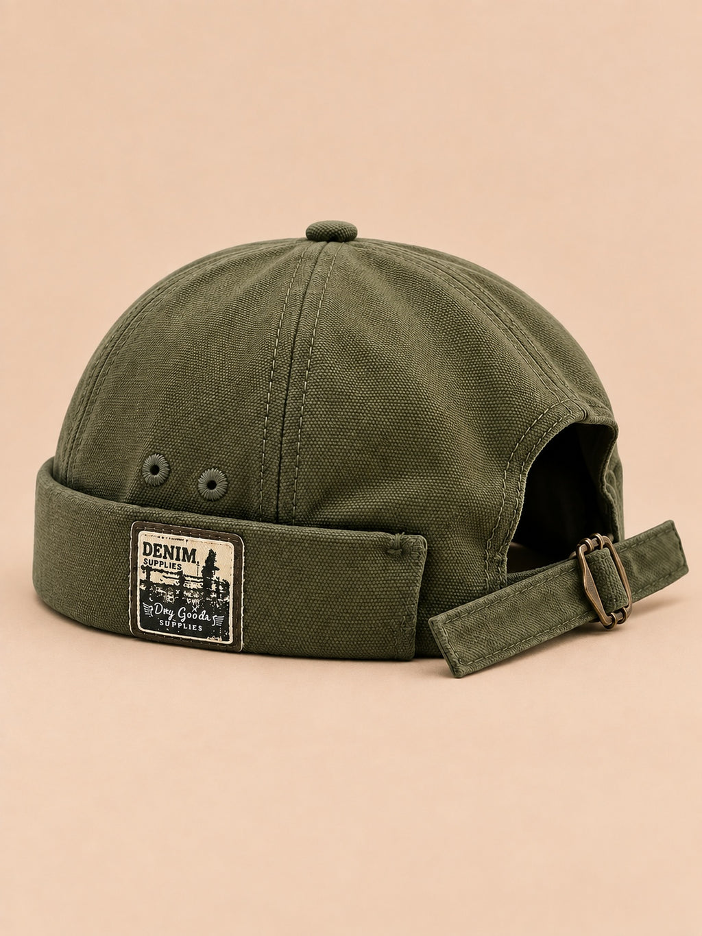 Berretto docker reversibile in cotone a cupola, colore verde, vista di tre quarti