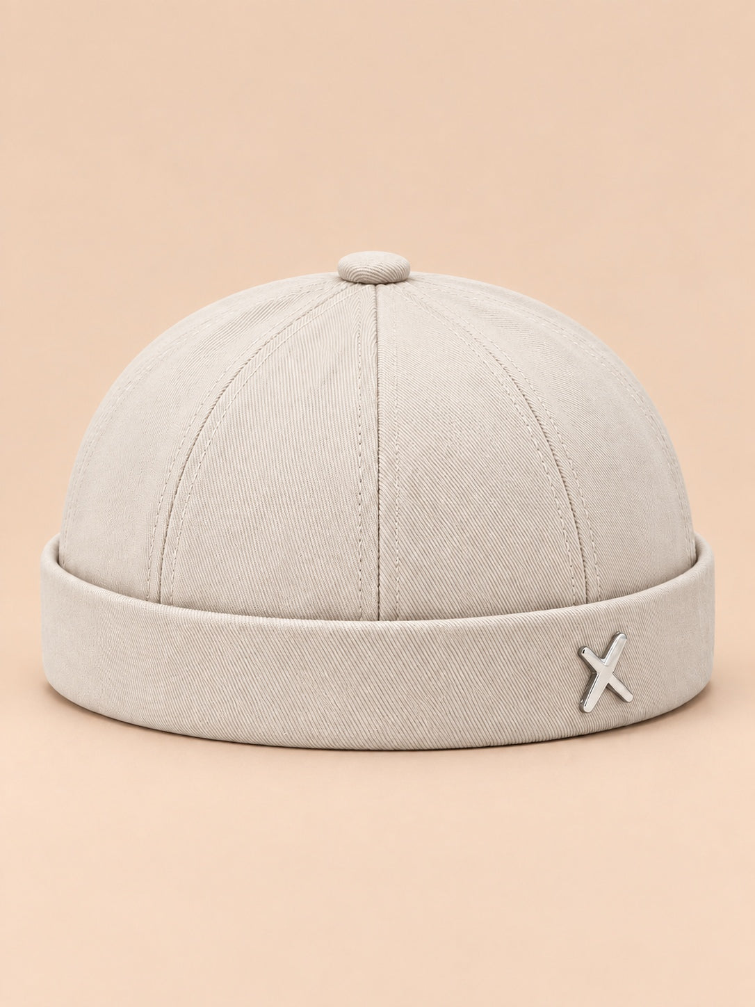 Berretto docker vintage scolorito senza tesa, colore beige, vista frontale nella foto del prodotto