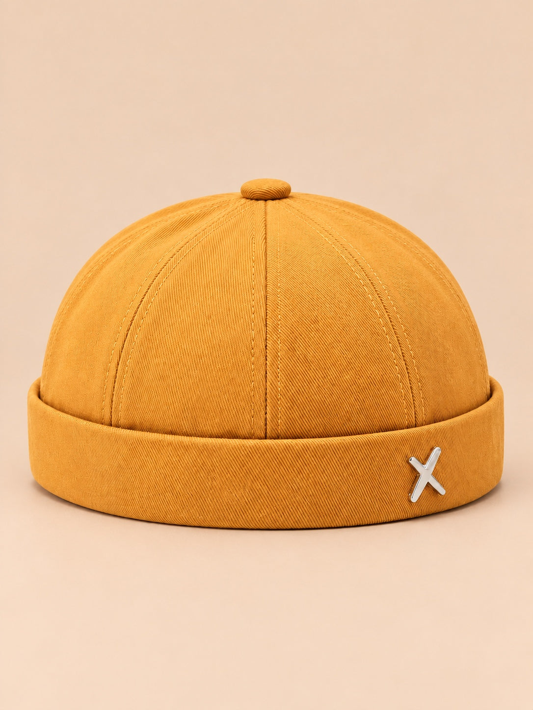 Berretto docker vintage scolorito senza tesa, colore giallo, vista frontale nella foto del prodotto