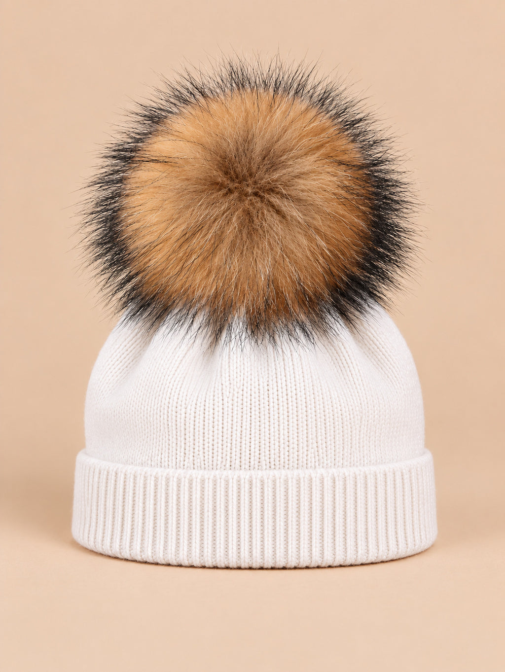 Berretto da bambino in misto lana con pompon in pelliccia, pompon naturali, colore bianco, vista frontale