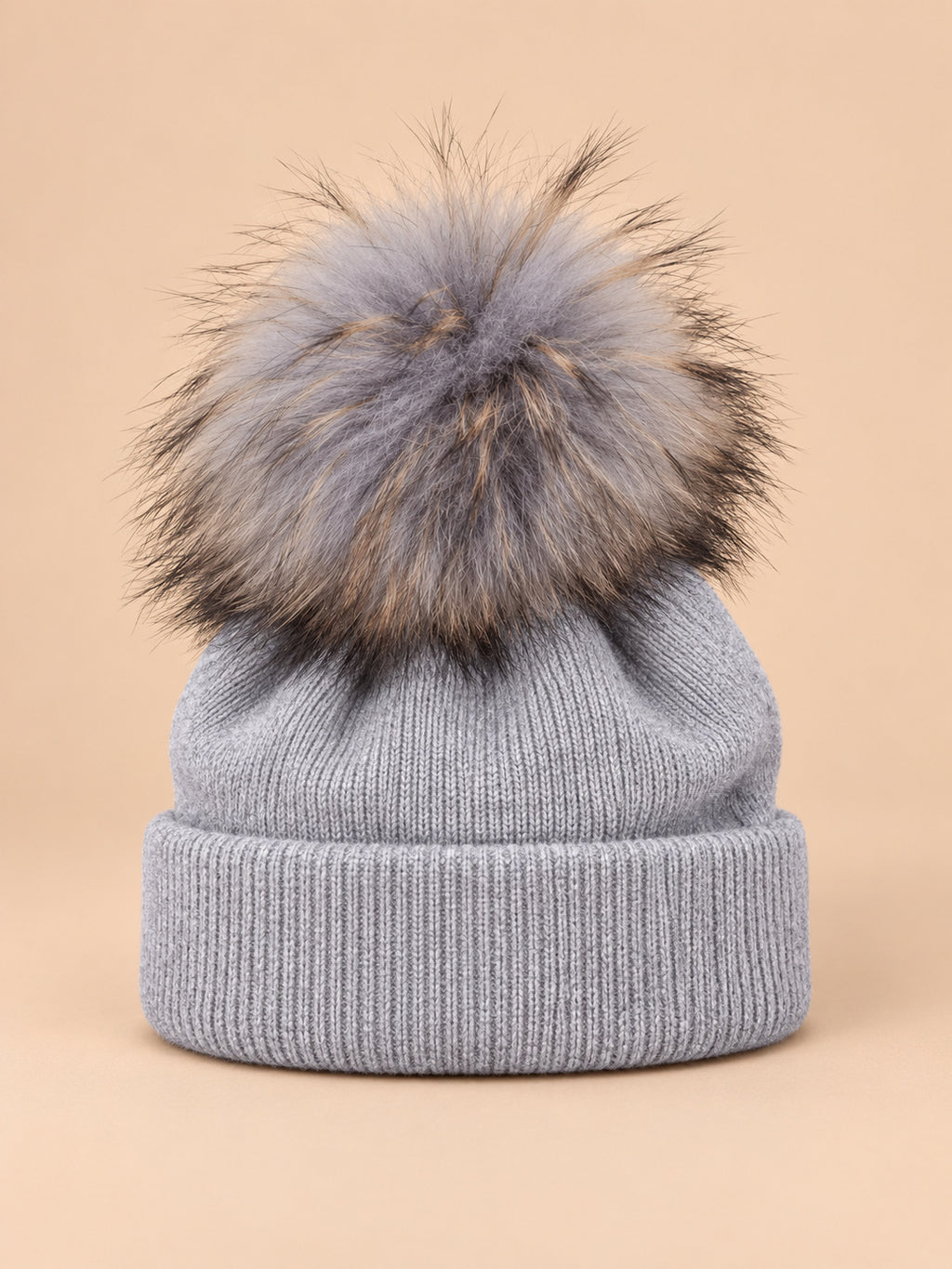 Berretto da bambino in misto lana con pompon in pelliccia, colore grigio chiaro, vista frontale