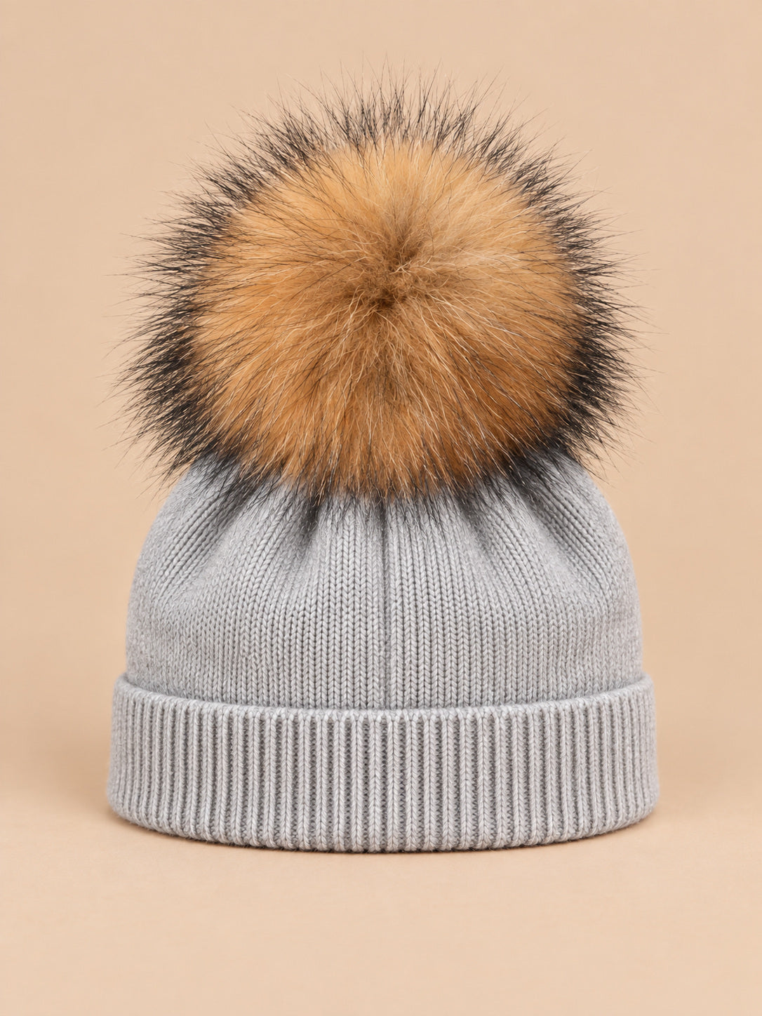 Berretto da bambino in misto lana con pompon in pelliccia, pompon naturali, colore grigio chiaro, vista frontale