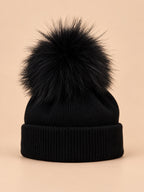 Berretto da bambino in misto lana con pompon in pelliccia, colore nero, vista frontale