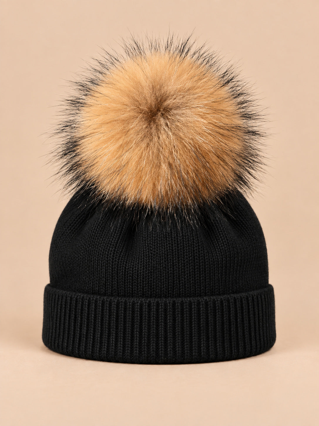 Berretto da bambino in misto lana con pompon in pelliccia, pompon naturali, colore nero, vista frontale
