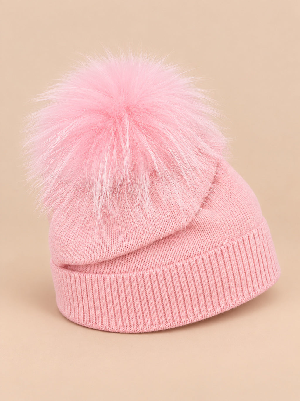 Berretto da bambino in misto lana con pompon in pelliccia, colore rosa, vista di tre quarti
