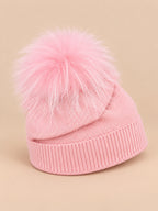 Berretto da bambino in misto lana con pompon in pelliccia, colore rosa, vista di tre quarti