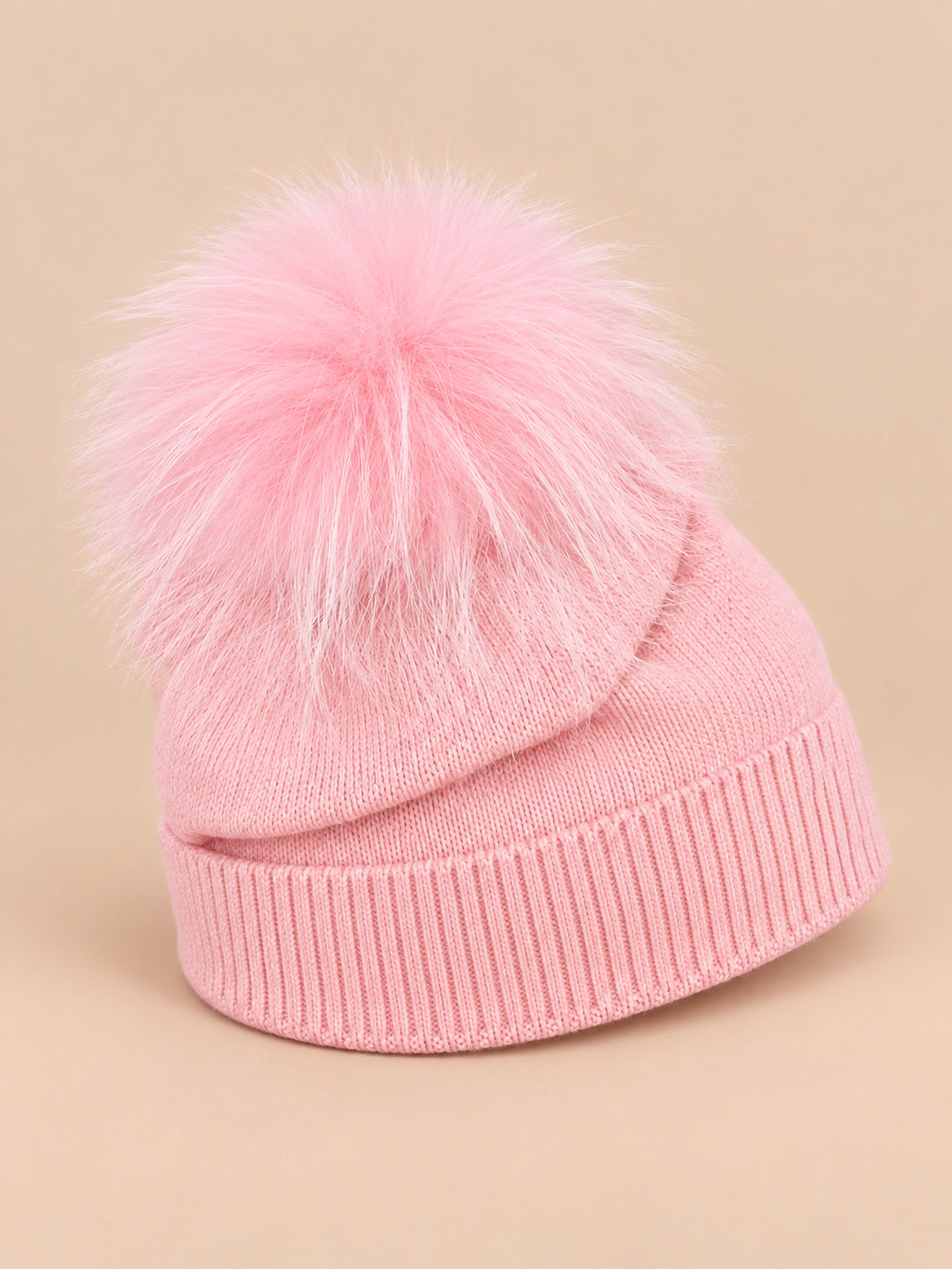 Berretto da bambino in misto lana con pompon in pelliccia, colore rosa, vista di tre quarti