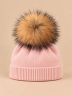 Berretto da bambino in misto lana con pompon in pelliccia, pompon naturali, colore rosa, vista frontale